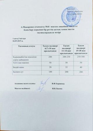 А.Макаренко атындағы №41 мектеп-лицейінің міндетті білім беру қорынан бір реттік ыстық тамақ ішетін оқушылардың аз мәзірі