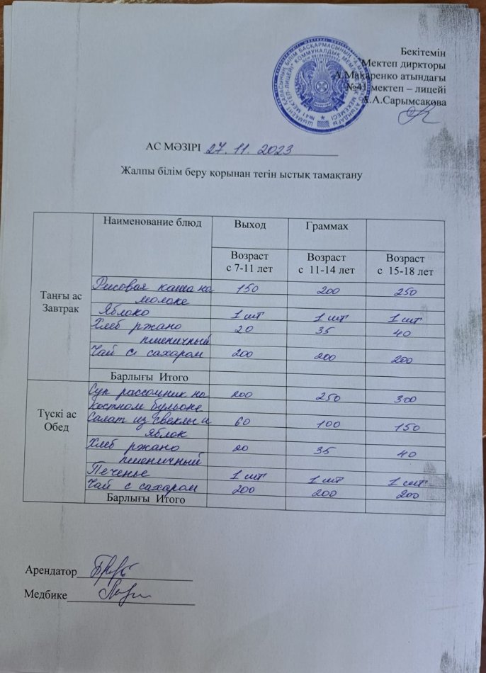 2023 жылғы 27 қарашадағы ас мәзірі