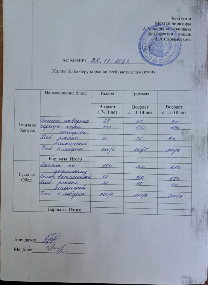 2023 жылғы 28 қарашадағы ас мәзірі