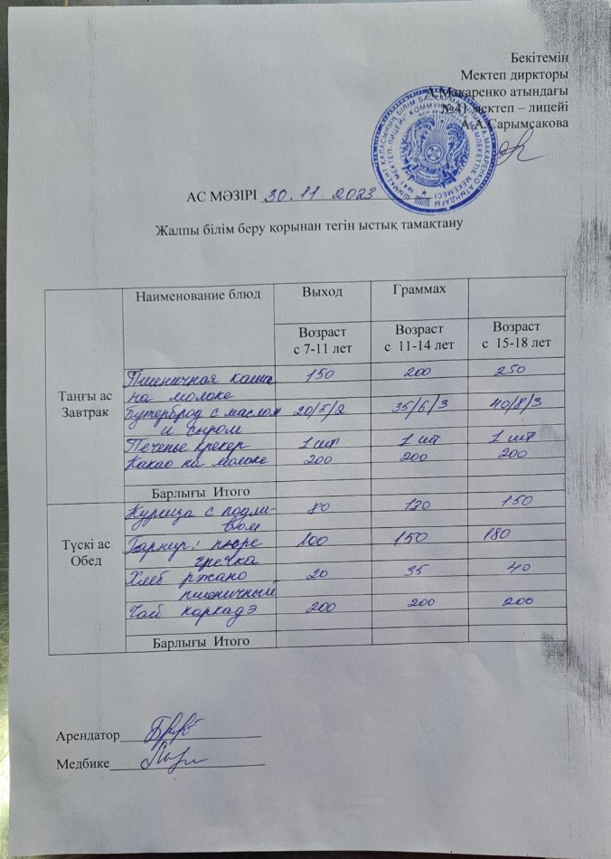 2023 жылғы 30 қарашадағы ас мәзірі