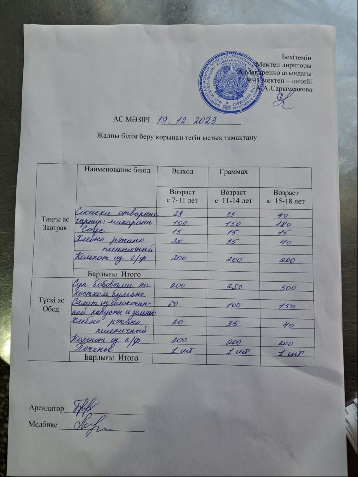 2023 жылғы 19 желтоқсандағы ас мәзірі
