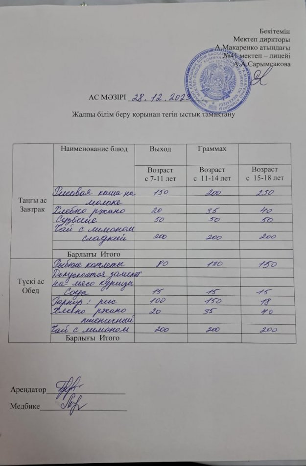 2023 жылғы 28 желтоқсандағы ас мәзірі